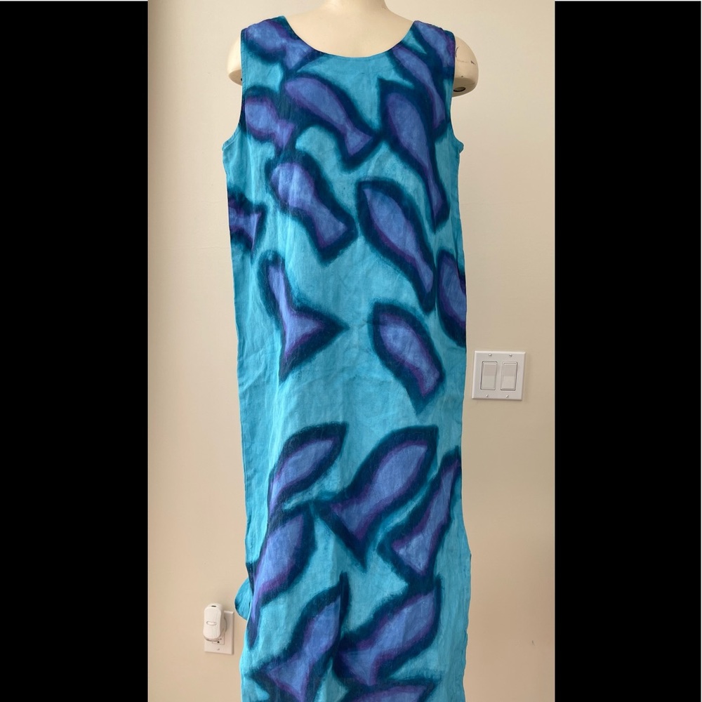 Hand painted Linen Pre Shrunk Dress size M. This one depicts fish. One of a kind